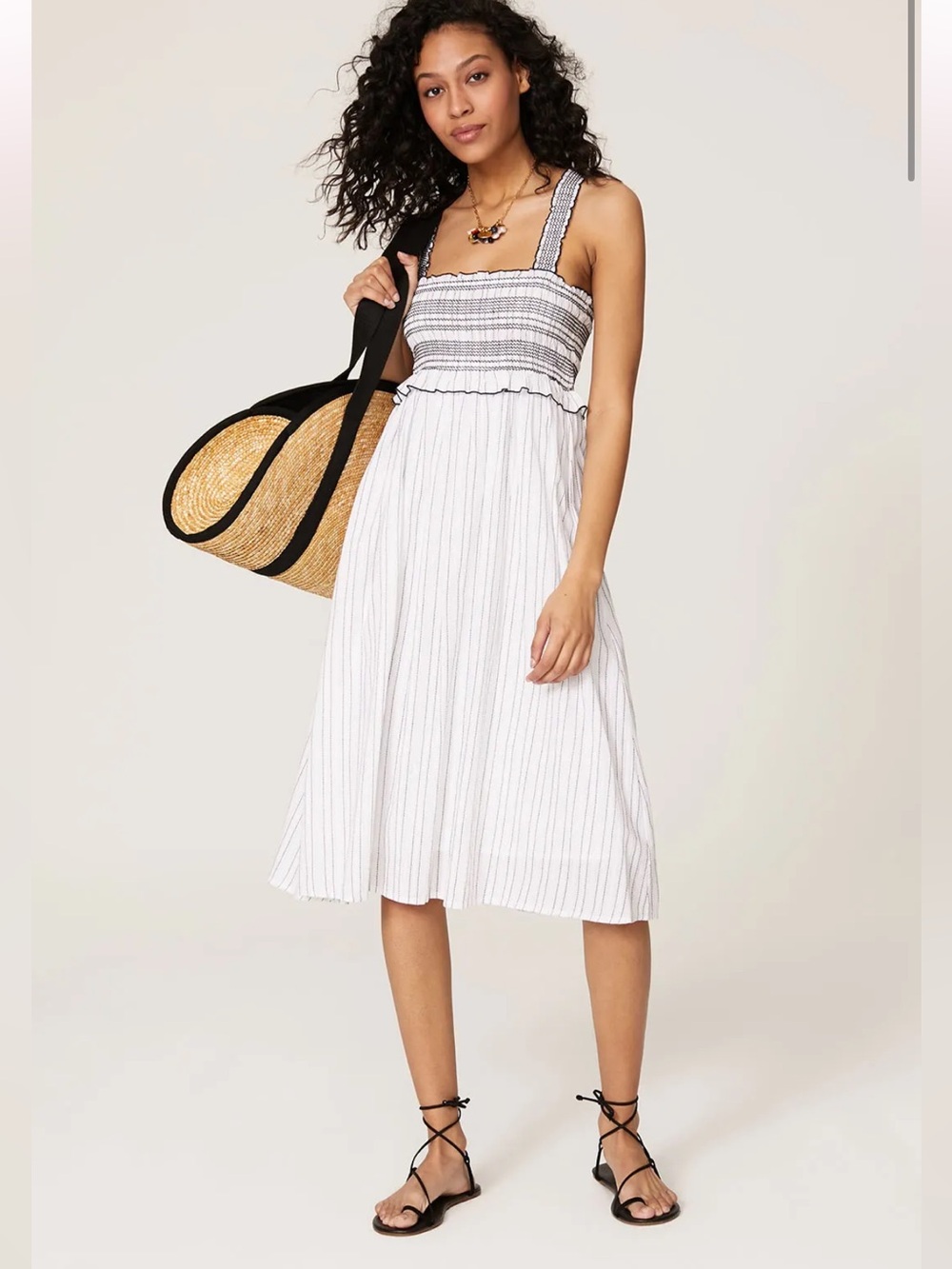 PINKO Basso White/Black Smocked Bodice Cotton Casual Midi Dress Wide Strap